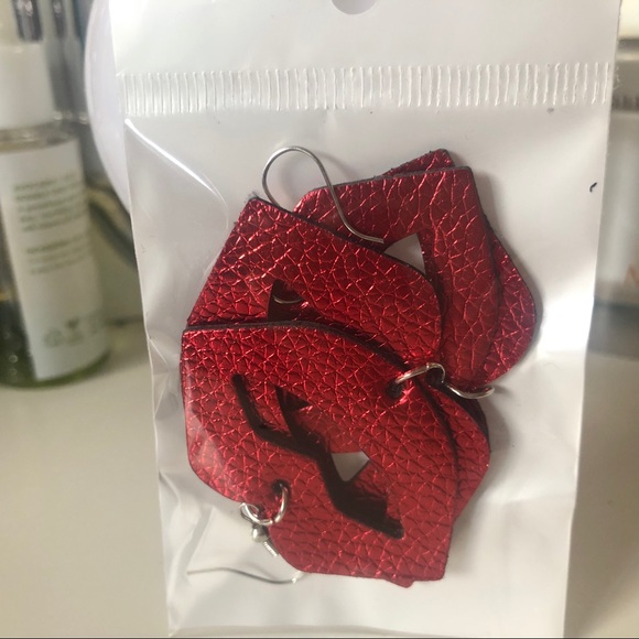 3/$15 Metallic Red Lips Faux Leather Earrings - Picture 3 of 5